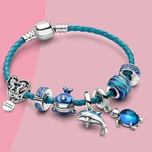 Ocean Style Bracelet + Charms Included in Leather and Silver