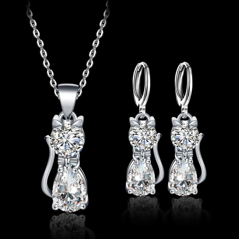 Happy Cat Necklace and Earring Set Made of Silver and Polished White Zirconia