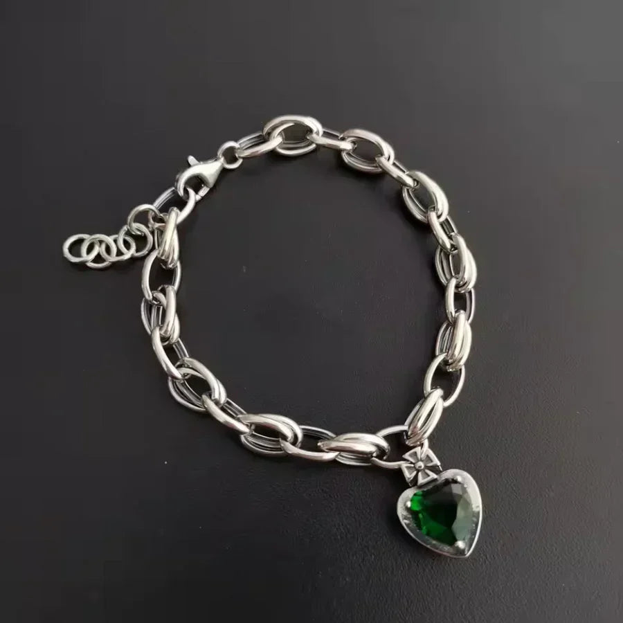 Green Crystal Gemstone Silver Charm Bracelet