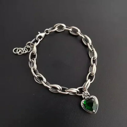 Green Crystal Gemstone Silver Charm Bracelet