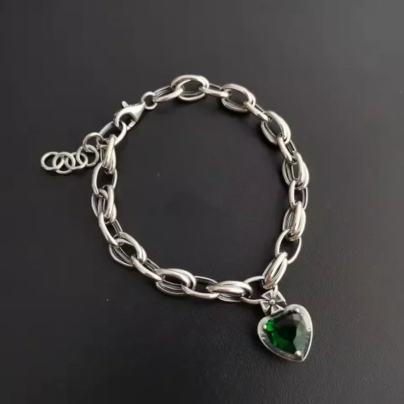 Green Crystal Gemstone Silver Charm Bracelet