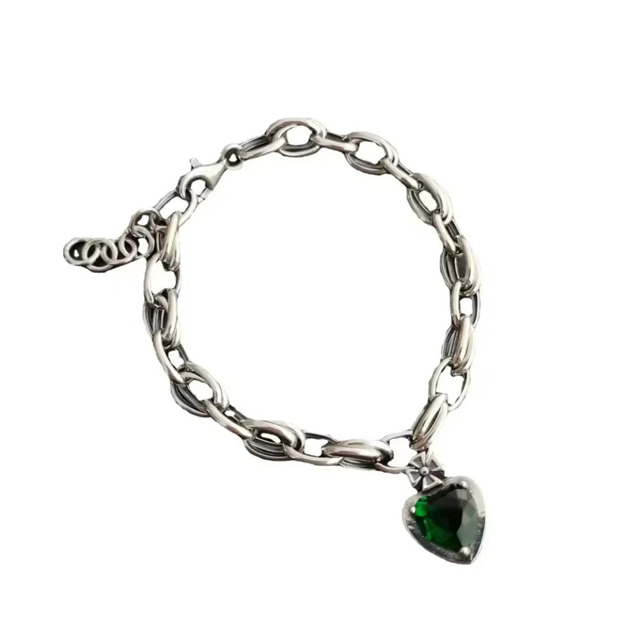 Green Crystal Gemstone Silver Charm Bracelet