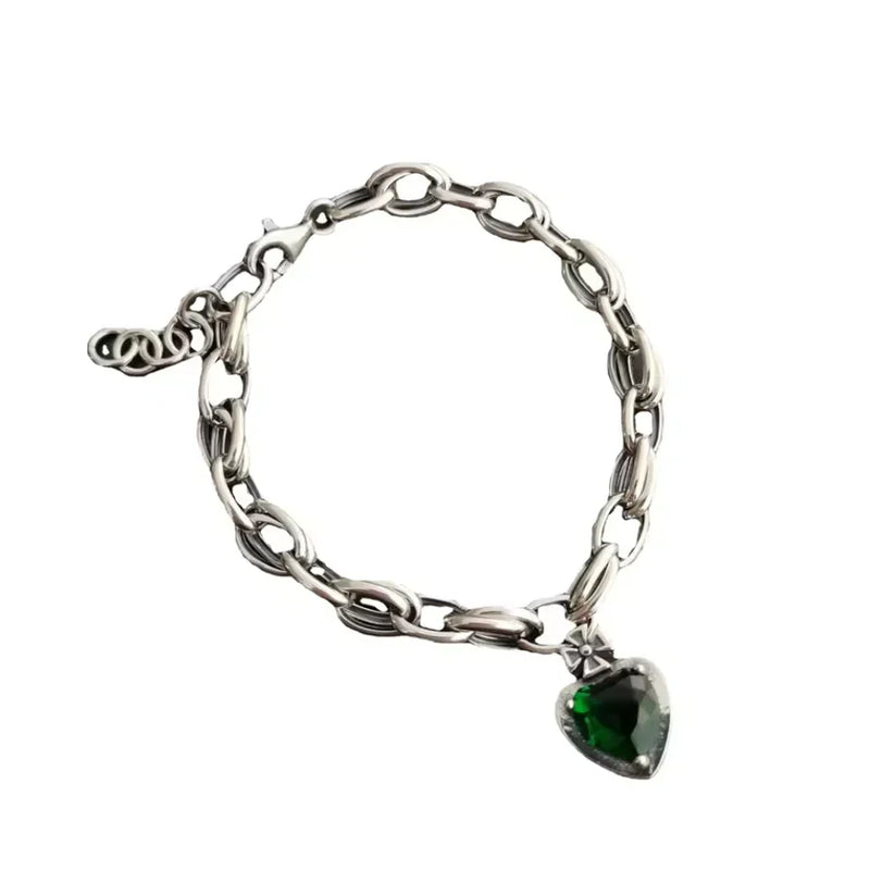 Green Crystal Gemstone Silver Charm Bracelet