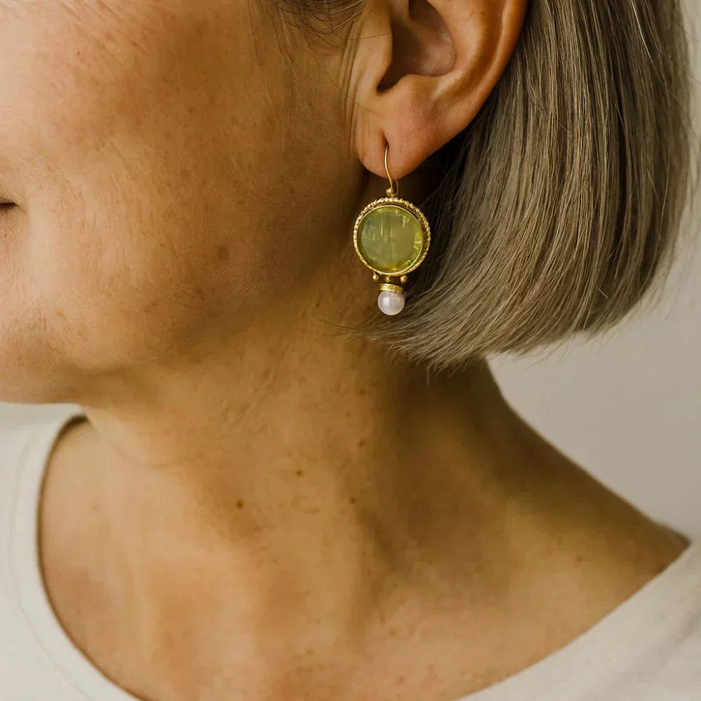 Rounded Green Stone Pearl Earrings