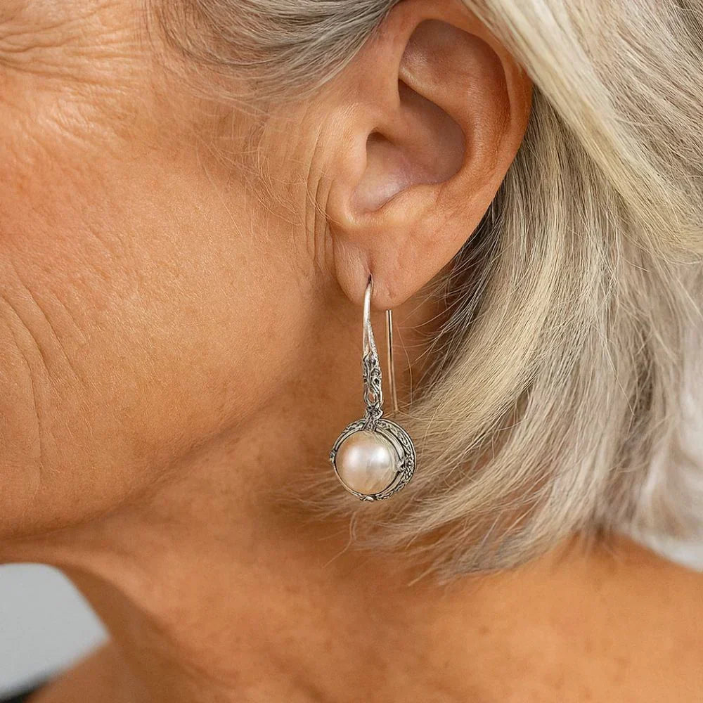 Inlaid Silver Pearl Earrings