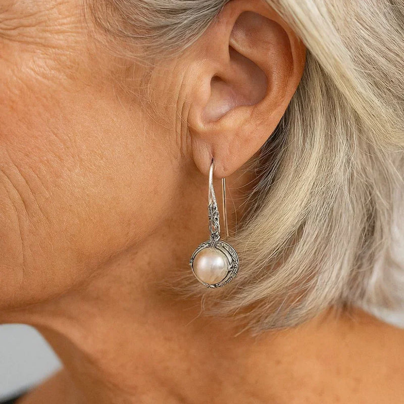 Inlaid Silver Pearl Earrings