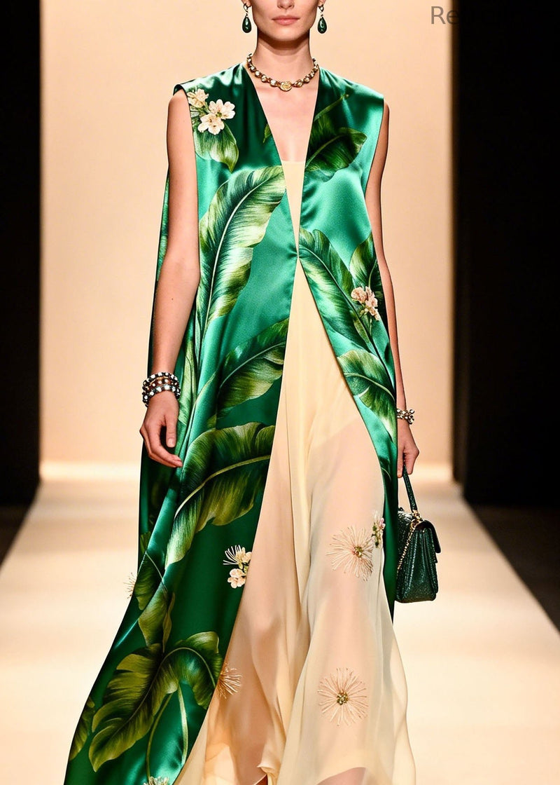Italian Green Print Silk Cardigans and Chiffon Dresses Two Pieces Set Summer