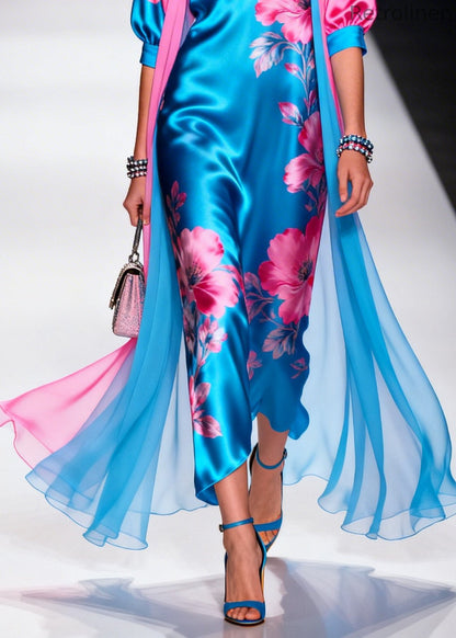 Blue Print Draping Silk Dress and Cardigan Two Pieces Set Summer