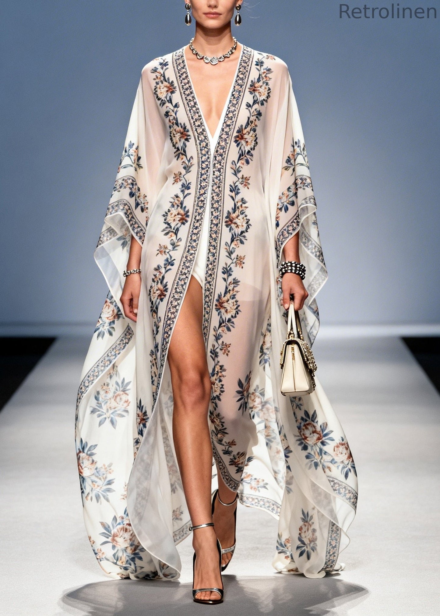 White Oversized Print Chiffon Upf 50+ Holiday Cardigans Summer