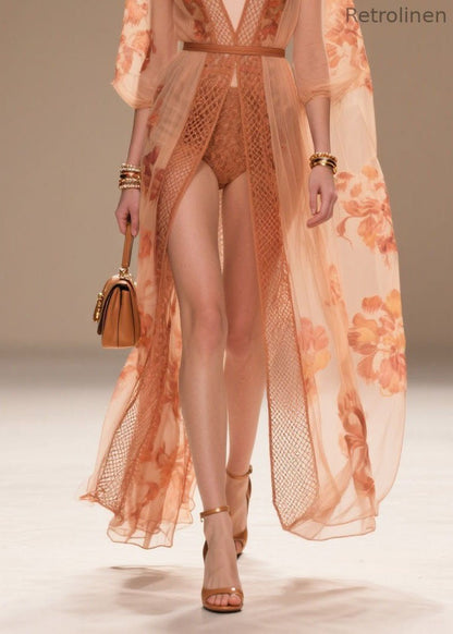 Style Orange V Neck Print Chiffon Sun Protection Cardigans Summer