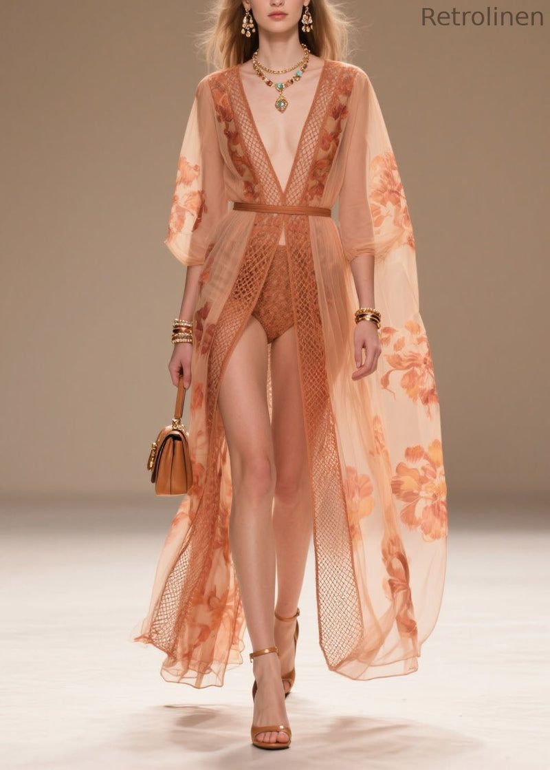 Style Orange V Neck Print Chiffon Sun Protection Cardigans Summer