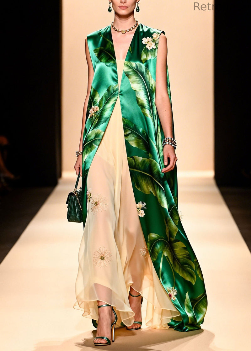 Italian Green Print Silk Cardigans and Chiffon Dresses Two Pieces Set Summer