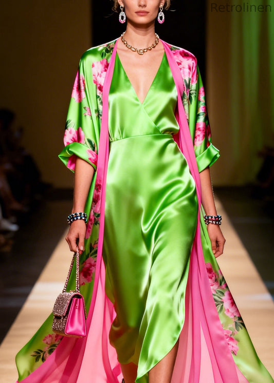V Neck Print Cardigans Dress Chiffon Two Piece Suit Set Summer