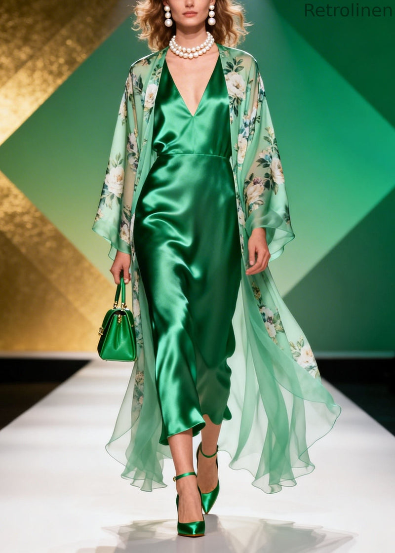Italian Green Print Cardigans Dress Silk Two Pieces Set Summer