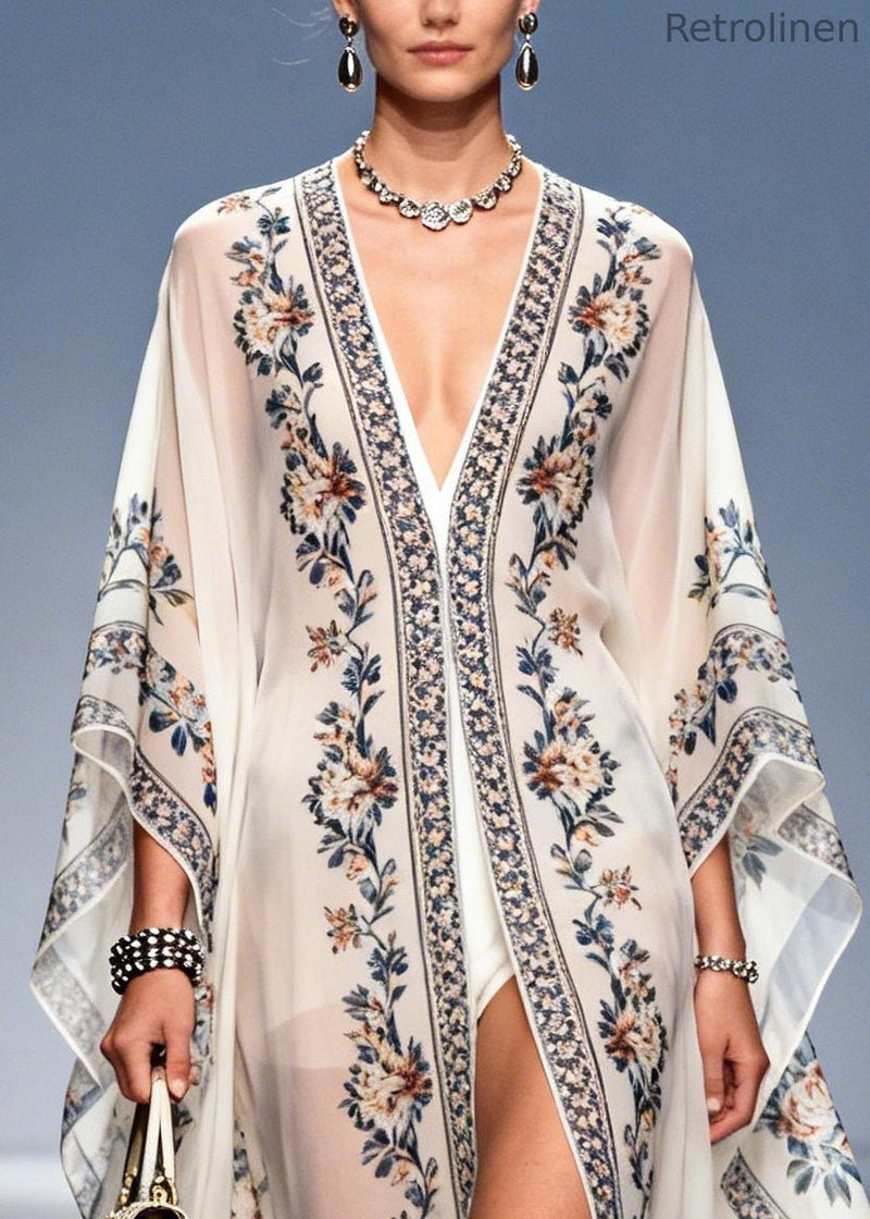 White Oversized Print Chiffon Upf 50+ Holiday Cardigans Summer