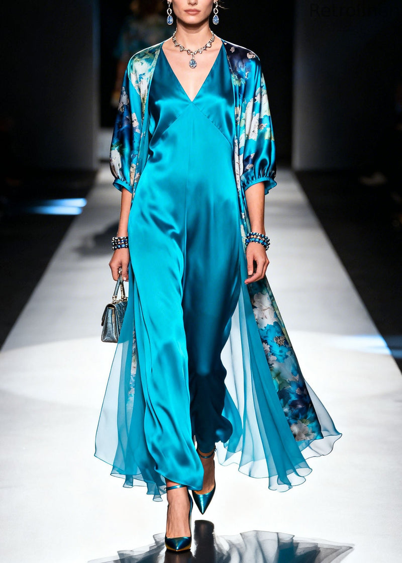 Classy Blue Print Cardigans and Dresses Silk Two Pieces Set Summer