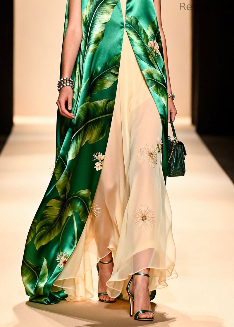 Italian Green Print Silk Cardigans and Chiffon Dresses Two Pieces Set Summer